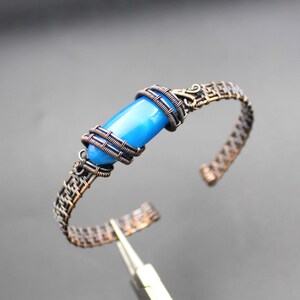 Blue Agate Wire Wrapped Bangle Bracelet Agate Copper Bangle Agate Wire Wrapped Jewelry Handmade Bangle Gemstone Bracelet Copper Jewelry