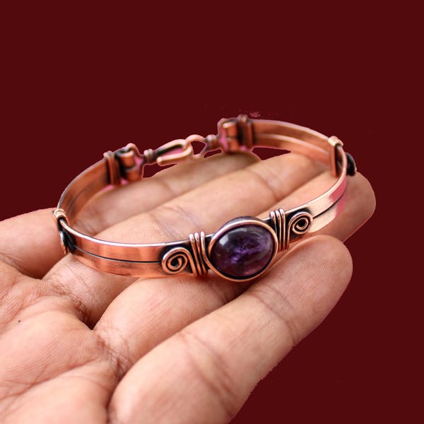 Natural Amethyst Copper Bracelet Wire Wrapped Cuff Bracelet Gemstone Bangle Handmade Jewelry Wedding Jewelry Gift For Him/Her Amethyst Cuff