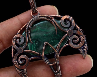 Ciondolo in malachite avvolto in filo di rame fatto a mano, regalo di anniversario