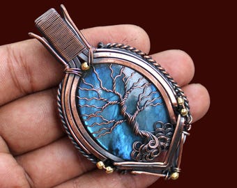 Natural Labradorite Necklace Tree Of Life Pendant Handmade Wire Wrapped