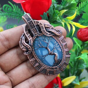 Blue Chalcedony Pendant Tree Of Life Pendant Copper Copper Wire Wrapped Pendant Handmade Wire Wrap Jewelry Gemstone Pendant Handmade Jewelry
