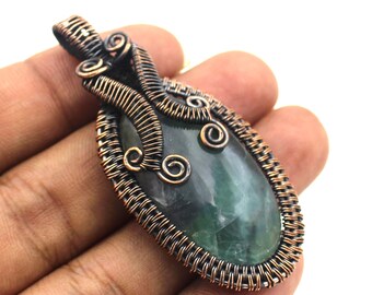 Colgante de aguamarina envuelto en alambre de cobre, collar de piedras preciosas de diseño