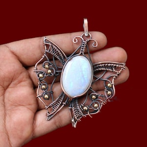 Rainbow Moonstone Pendant Copper Wire Wrapped Pendant Handmade Copper Jewelry Butterfly Pendant Wire Wrapped Jewelry Gift For Girlfriend