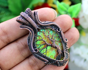 Ciondolo Artigianale Albero Della Vita In Rame Con Peridoto Verde - Fatto A Mano In India