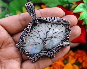 Copper Wire Tree Of Life Moonstone Pendant, Handmade Jewelry