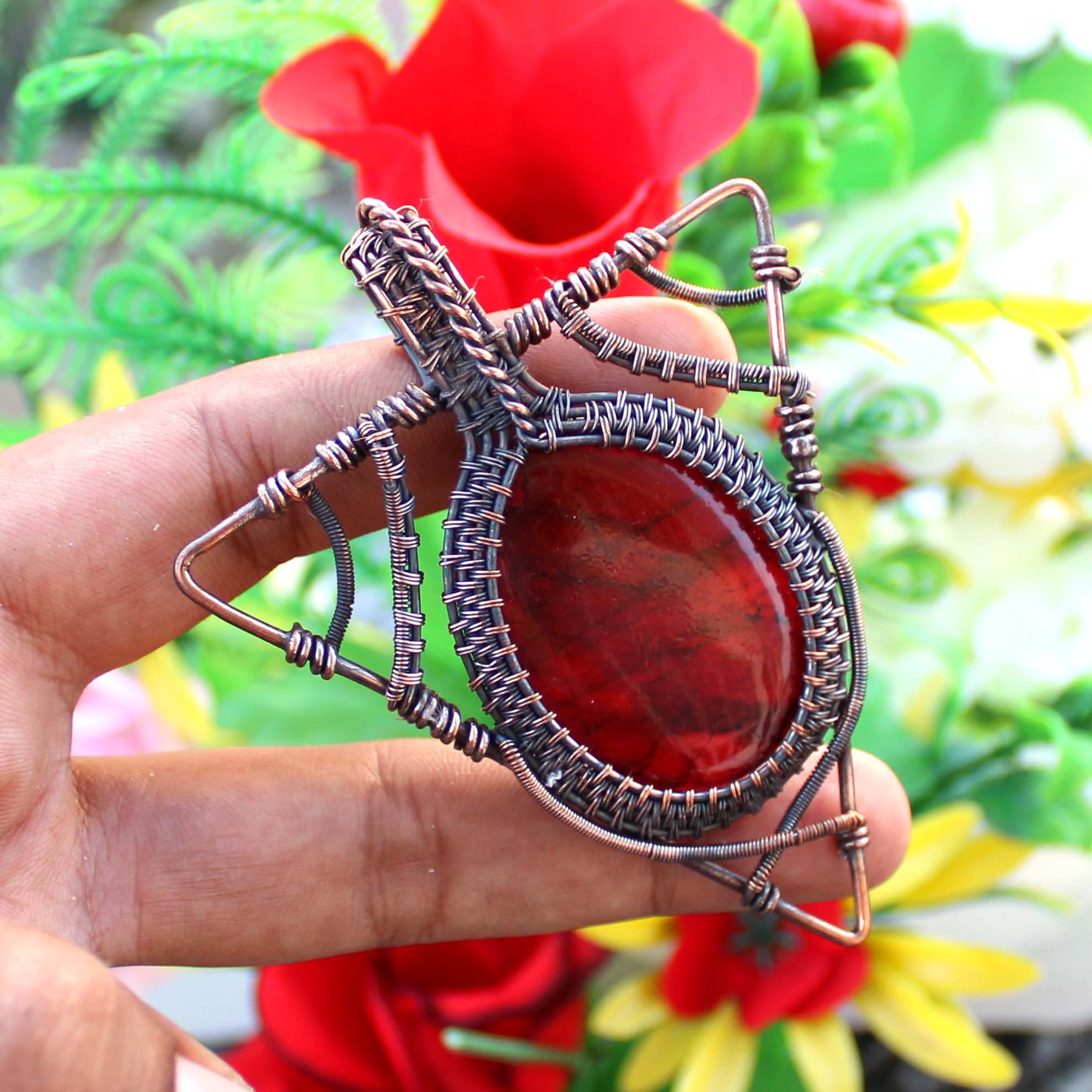 Ciondolo In Labradorite Rossa Con Filo Di Rame Avvolto, Gioielli - Foto 6