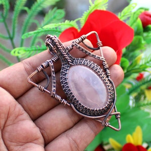 Rose Quartz Pendant Copper Wire Wrapped Pendant Gemstone Jewelry Handmade Pendant Rose Quartz Copper Jewelry For Gift Latest Design Pendan
