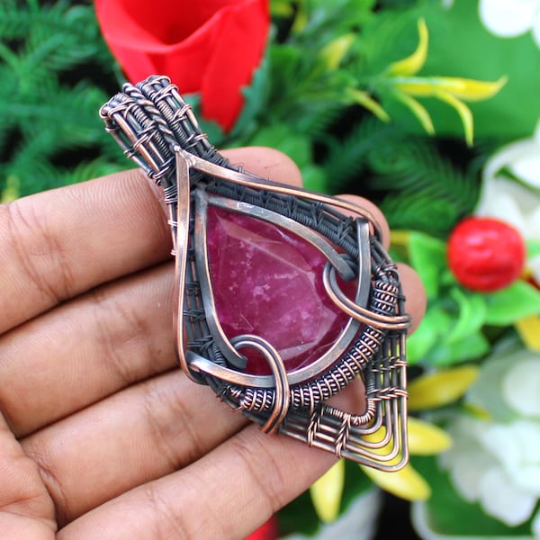 Kashmir Red Ruby Copper Wire Wrapped Pendant, Handmade Gemstone Jewelry