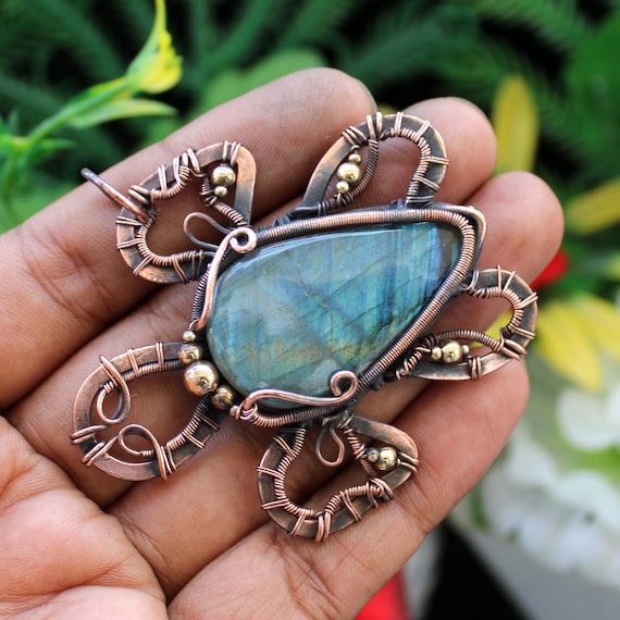 Labradorite Wire Wrapped Pendant Labradorite Pendant Copper Wire Wrapping  Jewelry Gemstone Pendant Handmade Jewelry Turtle Copper Pendant