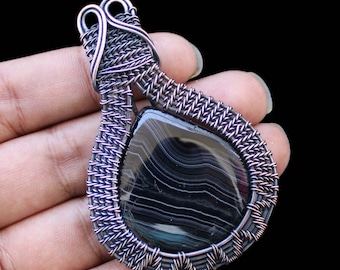 Black Agate Pendant Copper Wire Wrapped Pendant Gemstone Pendant Handmade Copper Jewelry Agate Jewelry Copper Chain Wire Wrapped Jewelry