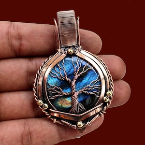 Labradorite Tree of Life Copper Pendant, Wire Wrapped Gemstone Jewelry