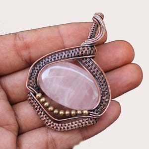 Rose Quartz Pendant Gemstone Wire Wrap Pendant Copper Wire Pendant Wire Wrapped Jewelry Gemstone Pendant With Copper Chain Handmade Jewelry