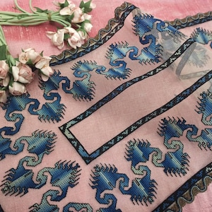 Può includere: Runner da tavolo ricamato rosa con un motivo blu e turchese ripetuto. I bordi sono rifiniti con un bordo decorativo marrone e crema. Un piccolo bouquet di rose rosa e steli verdi si trova nell'angolo in alto a sinistra.