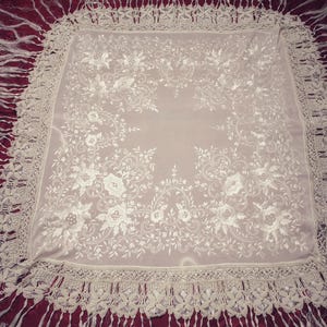 BEAUTIFUL Silk HANDEmbroidered Shawl with Macrame Lace ~ C1960s ~ Women's Dress Accessories.