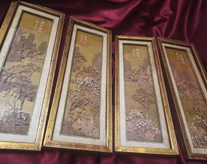 CHINESE Cork Panel in Gold Frame Wood & Glass Carved Etsy