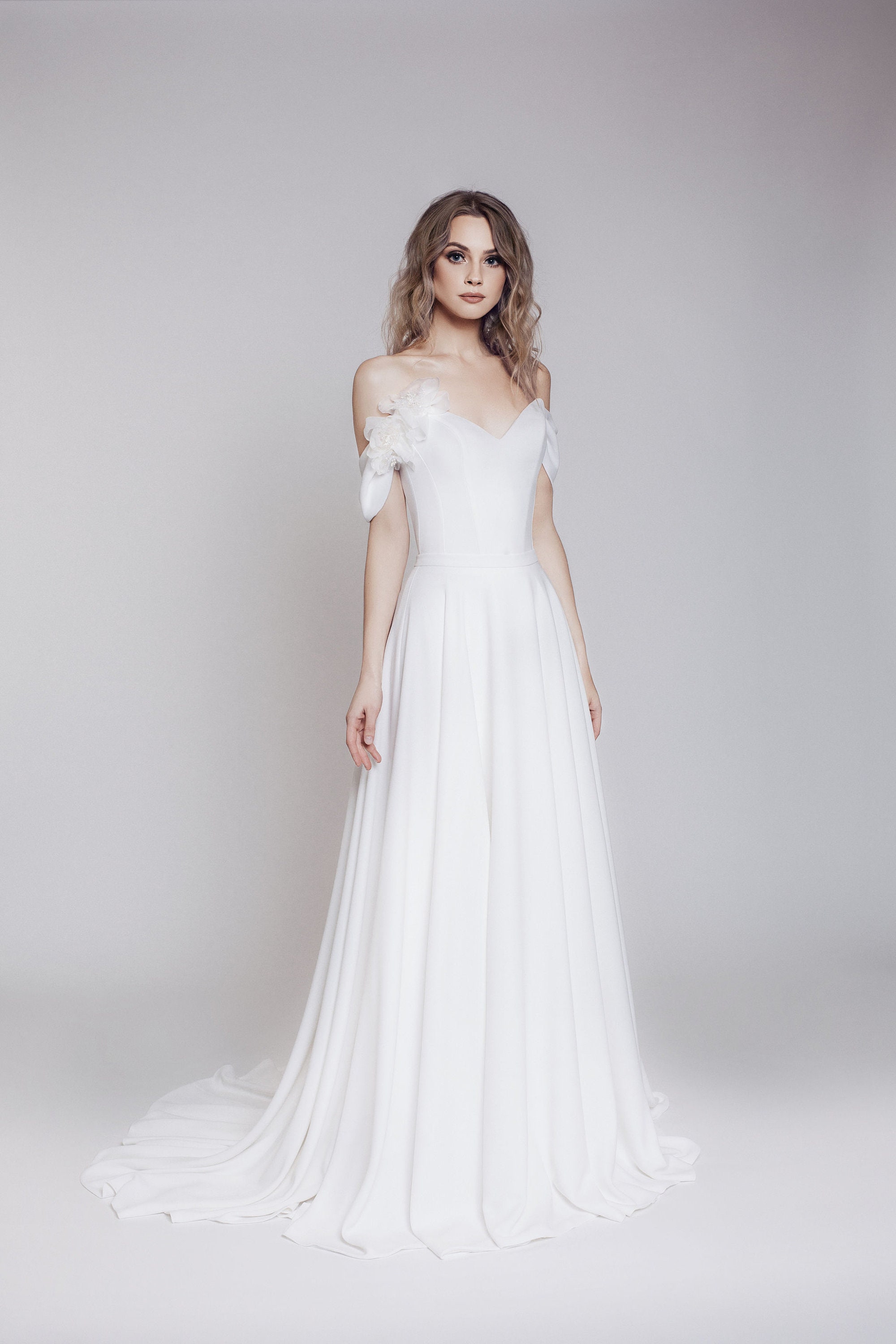 off the shoulder hippie wedding dress