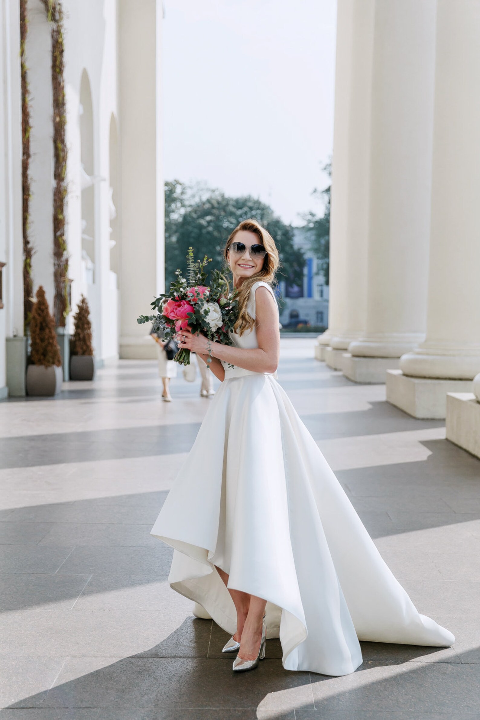 high low mikado gown with asymmetrical detail