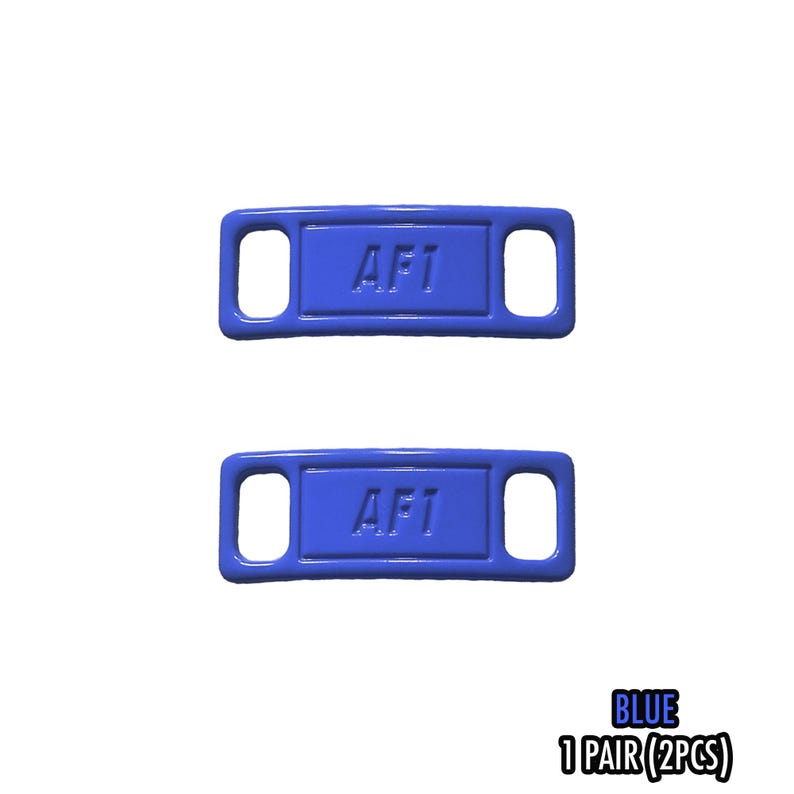 May include: Two blue shoe tags with the text "AF1" in white. Each tag has a rectangular shape with rounded corners and a hole on each end. The text "BLUE 1 PAIR (2PCS)" is at the bottom.