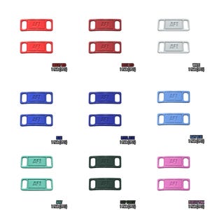 May include: A collection of shoe lace tags in various colors, including bright red, brick red, white, blue, royal blue, baby blue, mint, deep forest, and perfect pink. Each tag has the letters "AFT" embossed on it.
