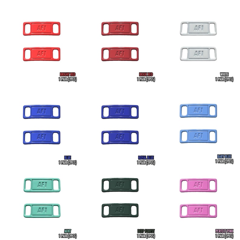 May include: A collection of shoe lace tags in various colors, including bright red, brick red, white, blue, royal blue, baby blue, mint, deep forest, and perfect pink. Each tag has the letters "AFT" embossed on it.