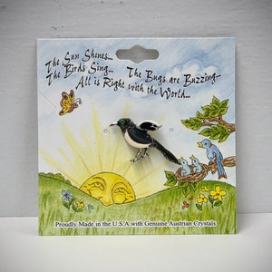 Handcrafted Magpie Pin: Swarovski Crystal Bird Lapel Badge