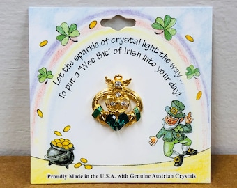Claddagh Pin: Gold, Shamrock, Emerald Swarovski Crystals - Irish Jewelry