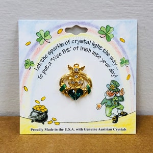 Claddagh Pin: Gold, Shamrock, Emerald Swarovski Crystals - Irish Jewelry