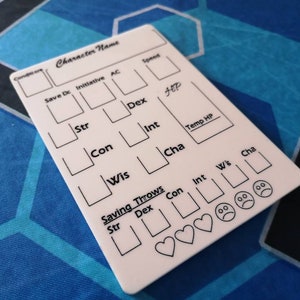 R.P.G. Character stat tracker dry wipe character sheet