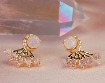 Crescent Moon Earrings - Stud + Ear Jacket, Moonstone & Gold Celestial Earrings Jewelry - Moon Jewelry - Gift for Her