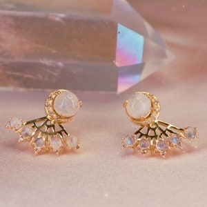Crescent Moon Earrings - Stud + Ear Jacket, Moonstone & Gold Celestial Earrings Jewelry - Moon Jewelry - Gift for Her