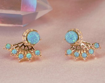 Crescent Moon Earrings - Stud + Ear Jacket, Turquoise Opal & Gold Celestial Earrings Jewelry - Moon Jewelry - Gift for Her