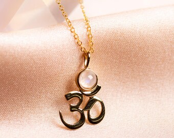 Om Amulet Necklace - Meaningful, Dainty Gold Vermeil or Sterling Silver Necklace w. Moonstone