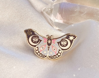 Mystical Butterfly Enamel Pin - Symbolism Crescent Moon, Evil Eye, Moon Phases, Stars  - Sky Blue, Midnight Navy & Lilac - Gift for Friend