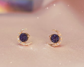 Moon Earrings - Midnight Navy Druzy & Gold Crescent Moon Stud Earrings - Celestial Jewelry - Druzy Earrings - Moon Studs - Gifts for Her