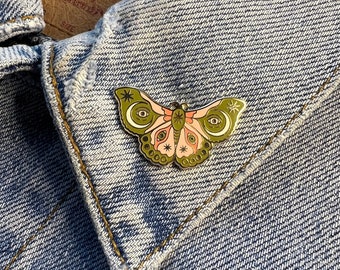 Mystical Butterfly Enamel Pin - Symbolism Crescent Moon, Evil Eye, Moon Phases, Stars  - Pink & Moss Green - Gift for Friend