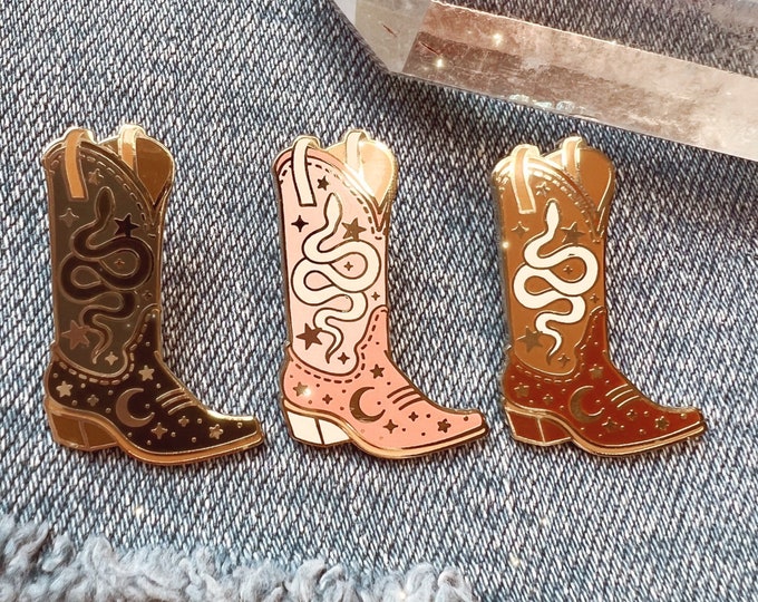 Cosmic Cowgirl Enamel Boot Pin - Serpent Crescent Moon - Black, Blush Pink, or Brown - Gift for Friend - Cowboy Boot - Local Galaxy