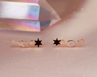 Shooting Star Earrings - Moonstone & Gold Vermeil Celestial Earrings Jewelry - Starburst Earrings - Gift for Her