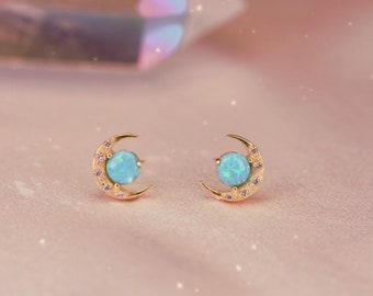 Moon Earrings - Turquoise Opal & Gold Crescent Moon Stud Earrings - Celestial Jewelry - Tiny Earrings - Moon Studs - Gifts for Her