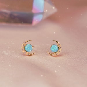 Moon Earrings - Turquoise Opal & Gold Crescent Moon Stud Earrings - Celestial Jewelry - Tiny Earrings - Moon Studs - Gifts for Her