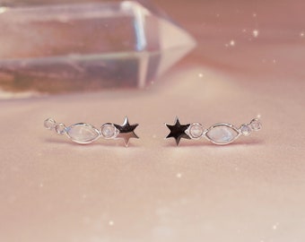 Shooting Star Earrings - Moonstone & Sterling Silver  Celestial Earrings Jewelry - Starburst Earrings - Gift for Her