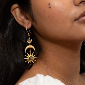 Celestial Statement Earrings Sun & Moon Earrings Moonstone and Gold Statement Earrings Bohemian Boho Earrings Gifts for Her image 1