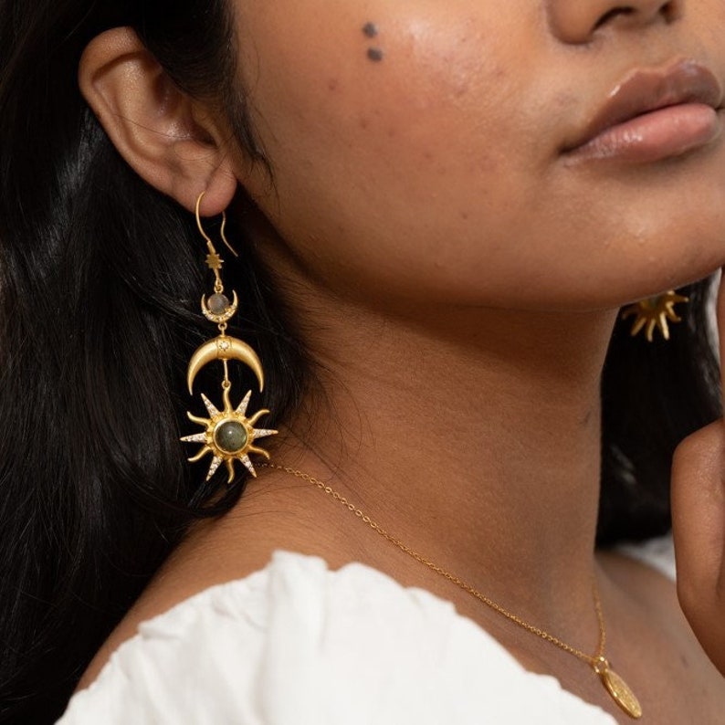 Celestial Statement Earrings Sun & Moon Earrings Moonstone and Gold Statement Earrings Bohemian Boho Earrings Gifts for Her image 1