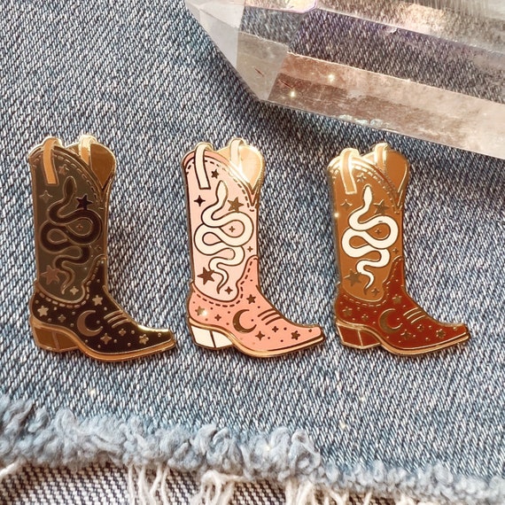 Cosmic Cowgirl Enamel Boot Pin - Serpent Crescent Moon - Black, Blush Pink, or Brown - Gift for Friend - Cowboy Boot - Local Galaxy