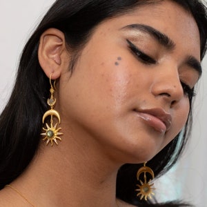 Celestial Statement Earrings Sun & Moon Earrings Moonstone and Gold Statement Earrings Bohemian Boho Earrings Gifts for Her image 4