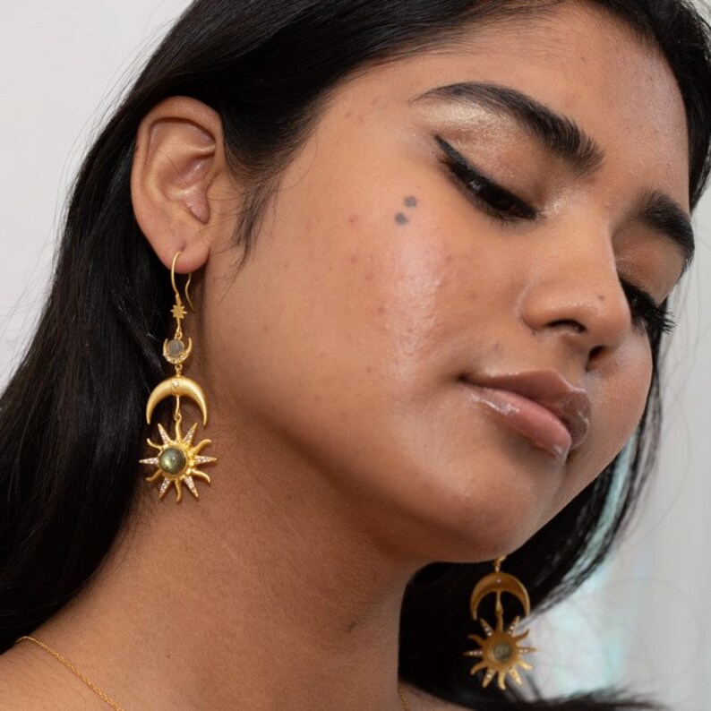 Celestial Statement Earrings Sun & Moon Earrings Moonstone and Gold Statement Earrings Bohemian Boho Earrings Gifts for Her image 4