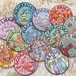 Zodiac Iron On Patch 70s Art Nouveau Boho Embroidered Patches Aries Taurus Gemini Cancer Leo Virgo Libra Scorpio Sagittarius Capricorn image 1