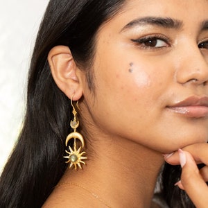 Celestial Statement Earrings Sun & Moon Earrings Moonstone and Gold Statement Earrings Bohemian Boho Earrings Gifts for Her image 5