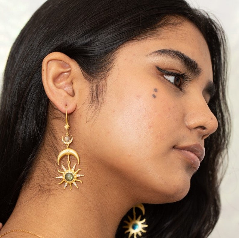Celestial Statement Earrings Sun & Moon Earrings Moonstone and Gold Statement Earrings Bohemian Boho Earrings Gifts for Her image 3