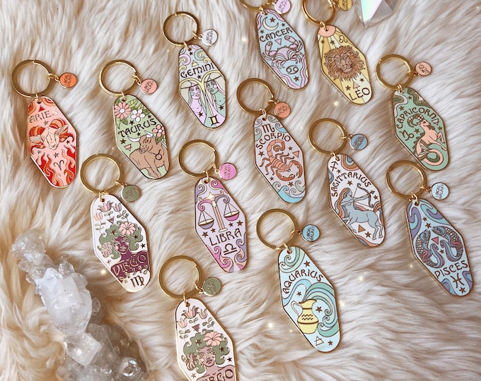 Zodiac Keychain - 70s Motel Boho - Aries Taurus Gemini Cancer Leo Virgo Libra Scorpio Sagittarius Capricorn Aquarius Personalize w/ Raw Gems