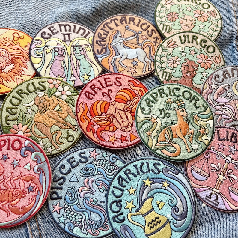 Zodiac Iron On Patch 70s Art Nouveau Boho Embroidered Patches Aries Taurus Gemini Cancer Leo Virgo Libra Scorpio Sagittarius Capricorn image 7